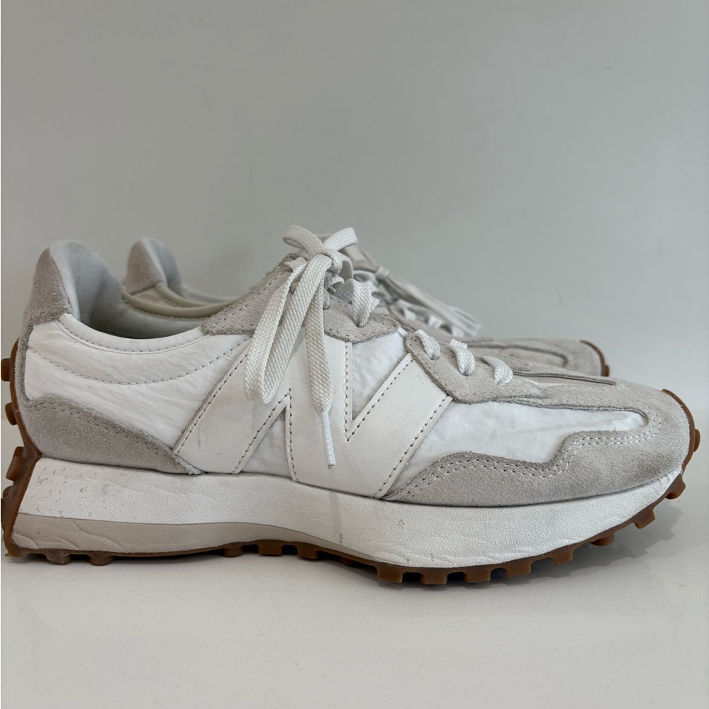 New Balance Women’s Athletic Sneakers in White and Light Gray with Gum Sole - Picture 2 of 10